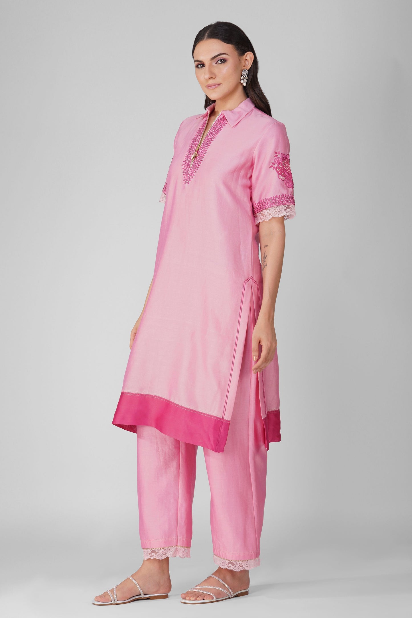 Pink Chanderi Collar Tunic With Pant Set at Kamakhyaa by Devyani Mehrotra. This item is Chanderi, Embellished, Indian Wear, Natural, Party Wear, Pink, Regular Fit, Womenswear