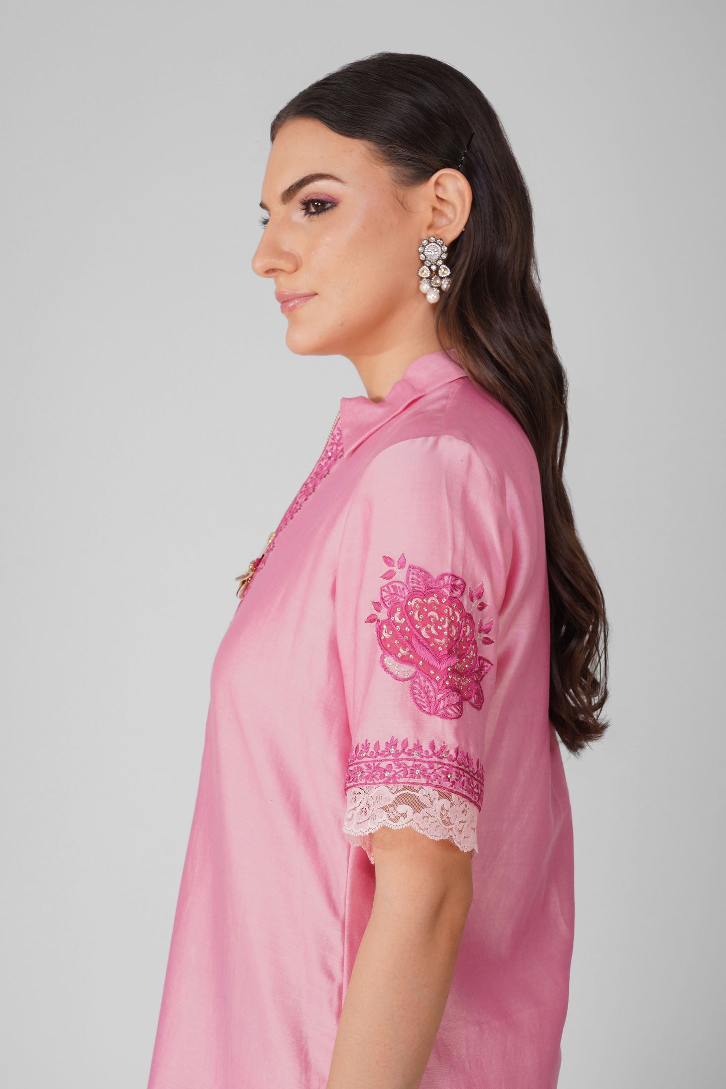 Pink Chanderi Collar Tunic With Pant Set at Kamakhyaa by Devyani Mehrotra. This item is Chanderi, Embellished, Indian Wear, Natural, Party Wear, Pink, Regular Fit, Womenswear