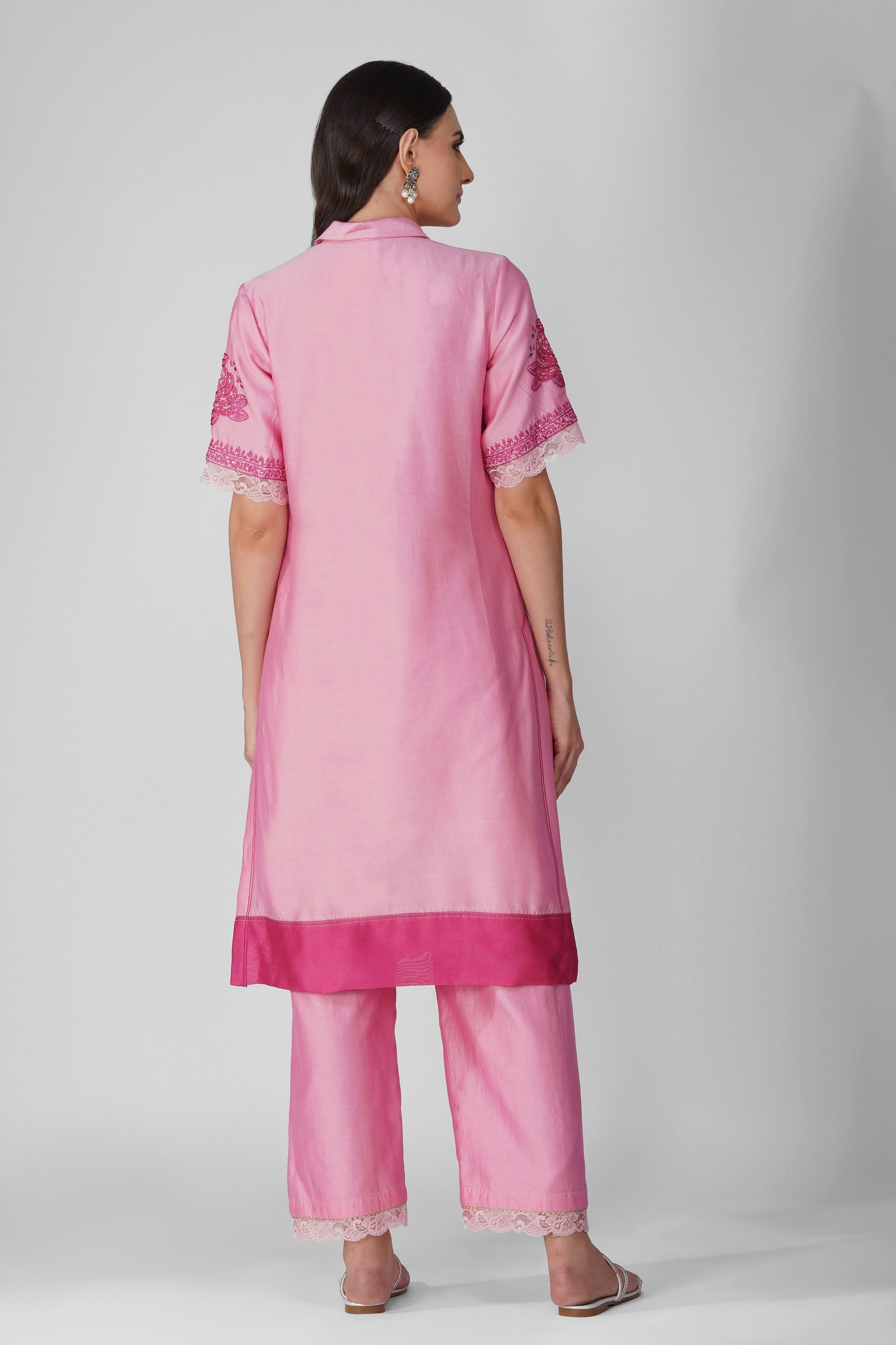 Pink Chanderi Collar Tunic With Pant Set at Kamakhyaa by Devyani Mehrotra. This item is Chanderi, Embellished, Indian Wear, Natural, Party Wear, Pink, Regular Fit, Womenswear