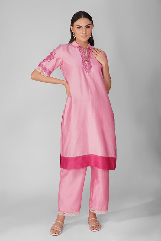Pink Chanderi Collar Tunic With Pant Set at Kamakhyaa by Devyani Mehrotra. This item is Chanderi, Embellished, Indian Wear, Natural, Party Wear, Pink, Regular Fit, Womenswear