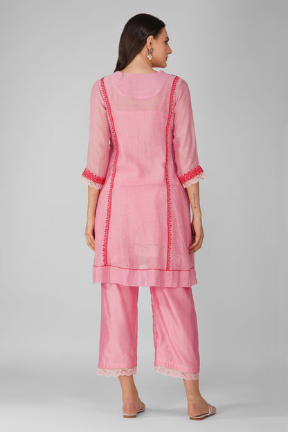Pink Chanderi Panelled Tunic Pant Set at Kamakhyaa by Devyani Mehrotra. This item is Chanderi, Embellished, Indian Wear, Natural, Party Wear, Pink, Regular Fit, Womenswear