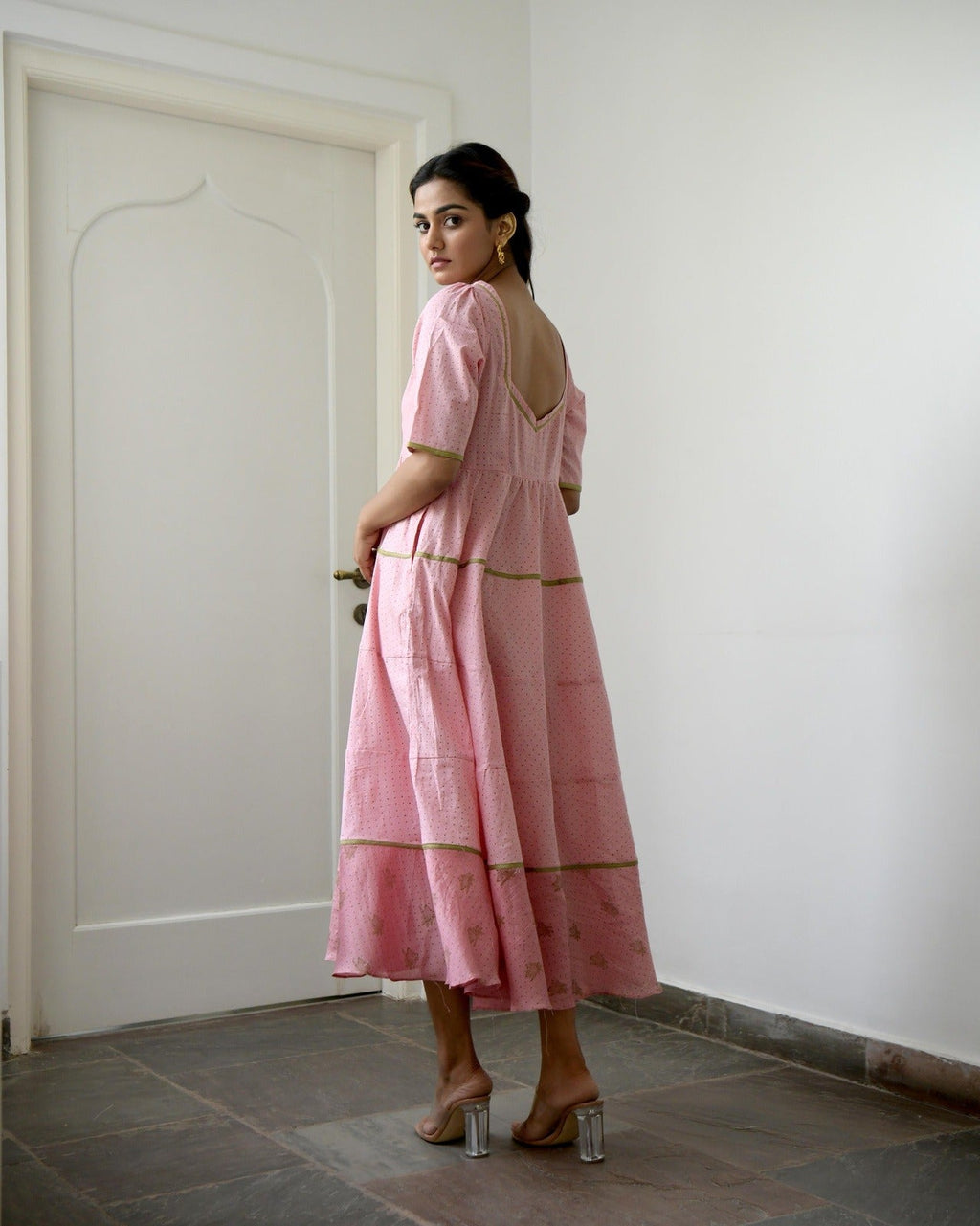 Pink Chanderi Silk Tiered Dress at Kamakhyaa by Taro. This item is Evening Wear, Gulzar Taro, Handwoven Chanderi Silk, Handwoven Cotton Silk, July Sale, July Sale 2023, Kurtas, Natural, Pink, Prints, Relaxed Fit, Silk Chanderi, Tiered Dresses, Womenswear