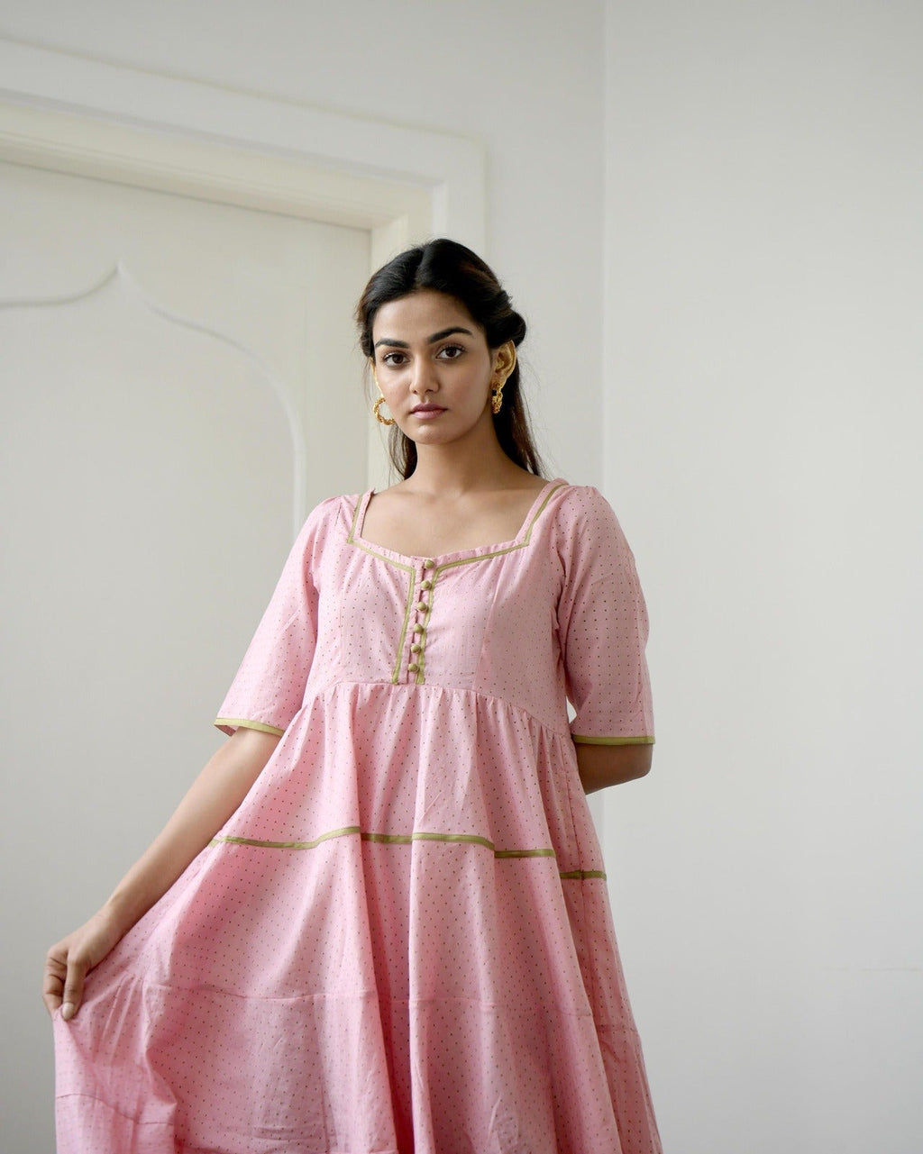 Pink Chanderi Silk Tiered Dress at Kamakhyaa by Taro. This item is Evening Wear, Gulzar Taro, Handwoven Chanderi Silk, Handwoven Cotton Silk, July Sale, July Sale 2023, Kurtas, Natural, Pink, Prints, Relaxed Fit, Silk Chanderi, Tiered Dresses, Womenswear