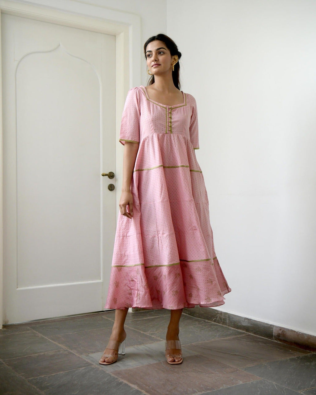 Pink Chanderi Silk Tiered Dress at Kamakhyaa by Taro. This item is Evening Wear, Gulzar Taro, Handwoven Chanderi Silk, Handwoven Cotton Silk, July Sale, July Sale 2023, Kurtas, Natural, Pink, Prints, Relaxed Fit, Silk Chanderi, Tiered Dresses, Womenswear