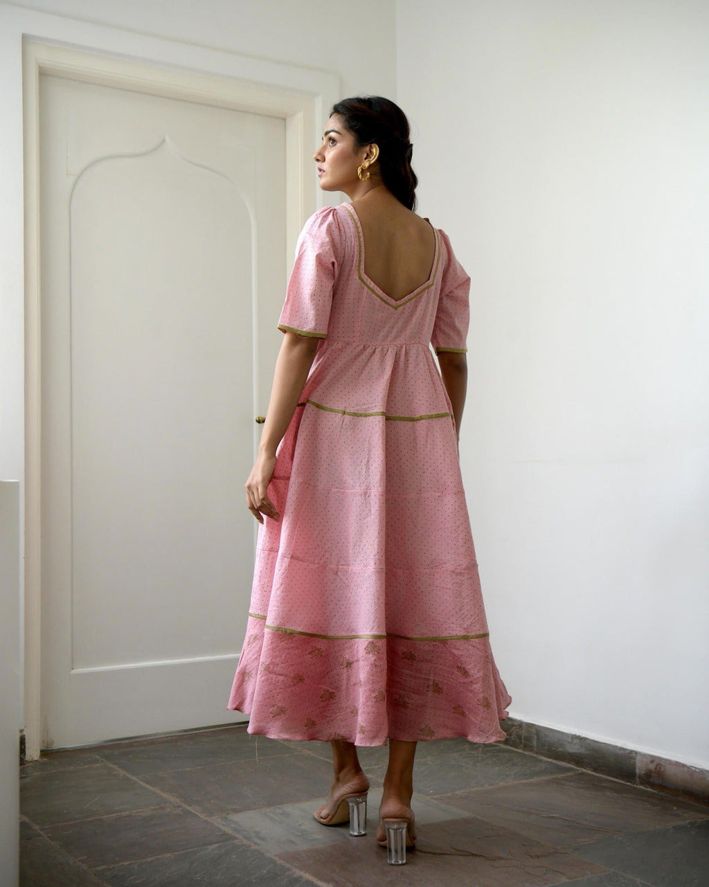 Pink Chanderi Silk Tiered Dress at Kamakhyaa by Taro. This item is Evening Wear, Gulzar Taro, Handwoven Chanderi Silk, Handwoven Cotton Silk, July Sale, July Sale 2023, Kurtas, Natural, Pink, Prints, Relaxed Fit, Silk Chanderi, Tiered Dresses, Womenswear