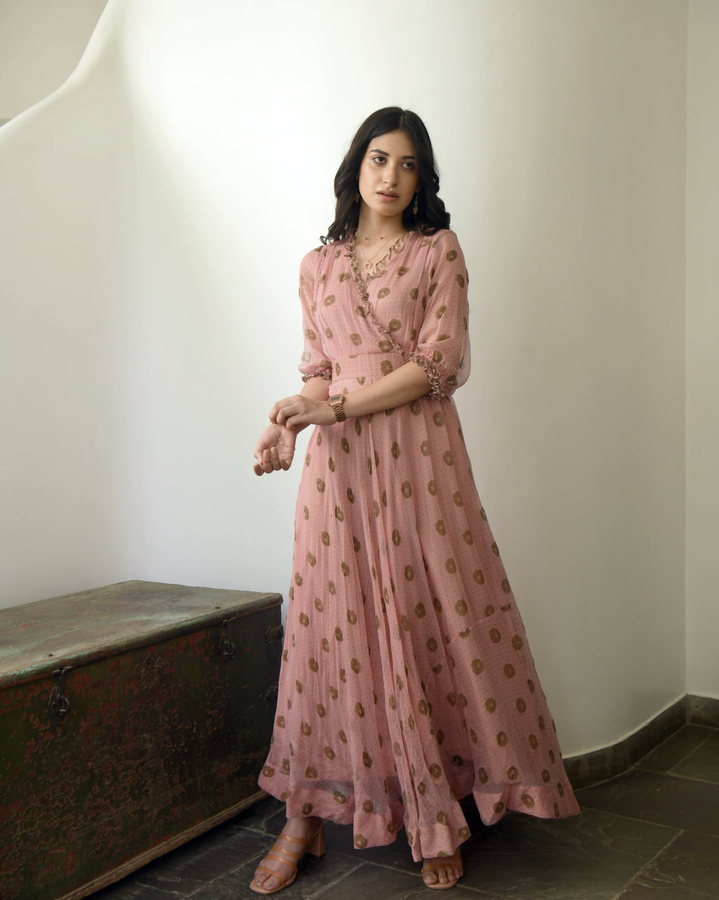 Pink Chiffon Printed Maxi Dress XS - Main Image