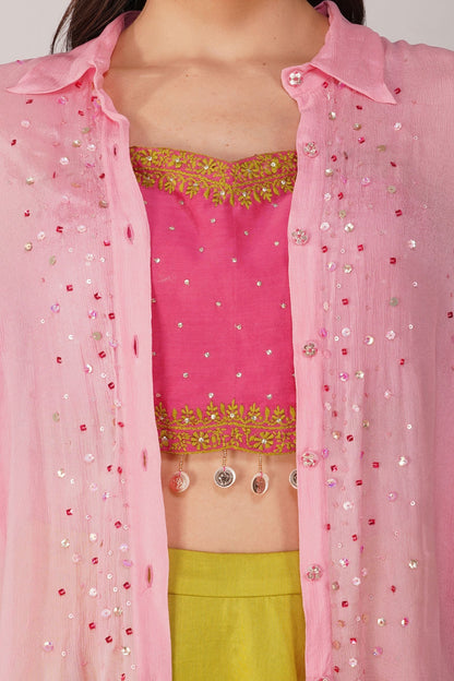 Pink Chiffon Shirt at Kamakhyaa by Devyani Mehrotra. This item is Chiffon, Embellished, Light Pink, Natural, Party Wear, Pink, Regular Fit, Womenswear