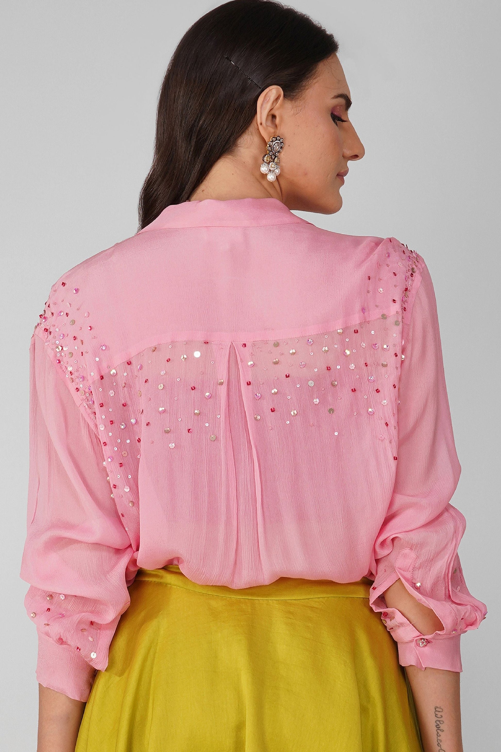 Pink Chiffon Shirt at Kamakhyaa by Devyani Mehrotra. This item is Chiffon, Embellished, Light Pink, Natural, Party Wear, Pink, Regular Fit, Womenswear