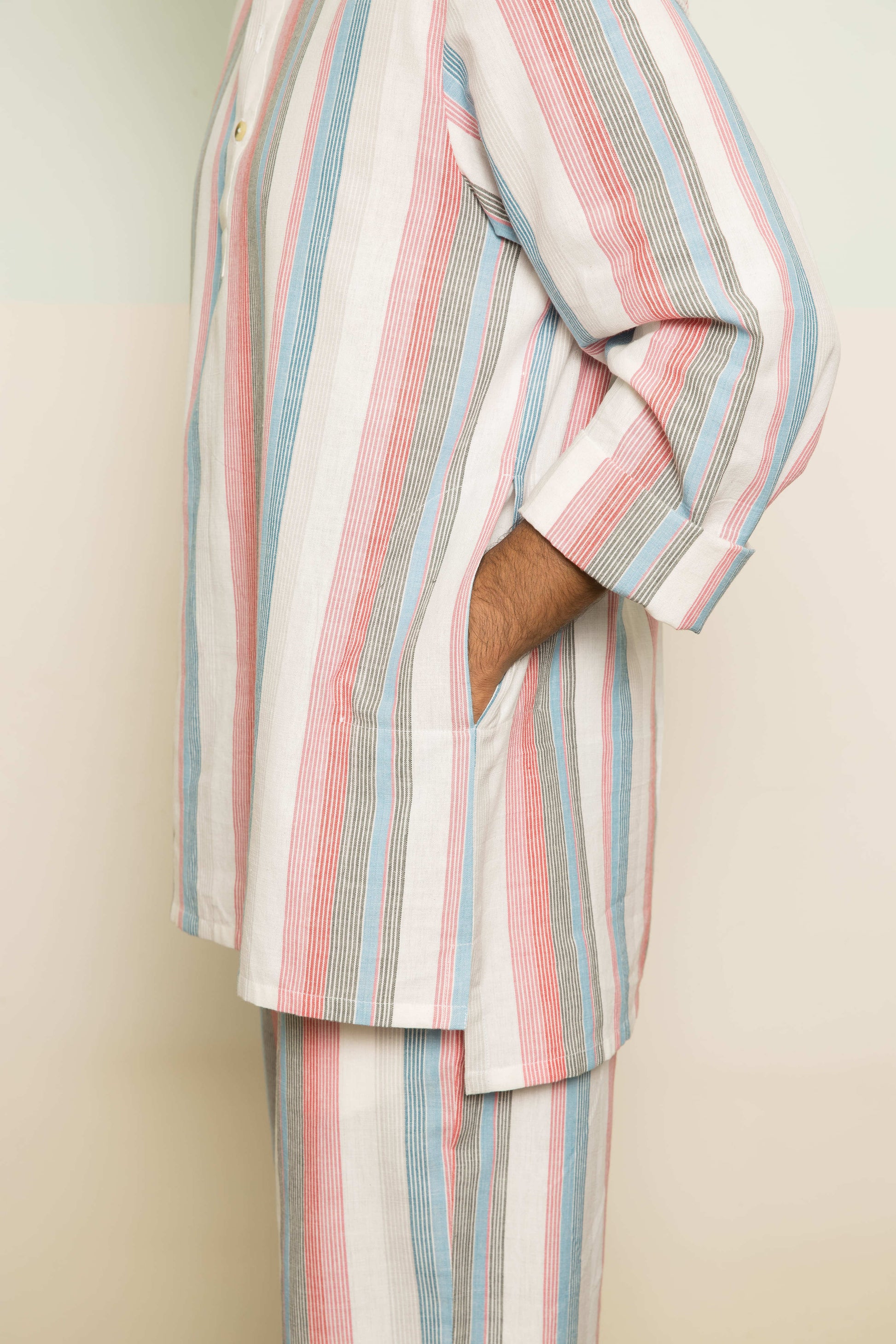 Pink Cotton Co-ord Set at Kamakhyaa by Anushé Pirani. This item is 100% Cotton, Casual Wear, Handwoven, Handwoven Cotton, Lounge Wear Co-ords, Pink, Regular Fit, Stripes, The Co-ord Edit, Womenswear