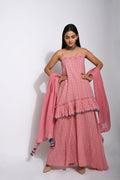 Pink Cotton Kurta Set With Dupatta at Kamakhyaa by Taro. This item is Checks, Evening Wear, Handwoven cotton, Indian Wear, July Sale, July Sale 2023, Kurta Palazzo Sets, Kurta Set With Dupatta, Natural, Pink, Regular Fit, Womenswear