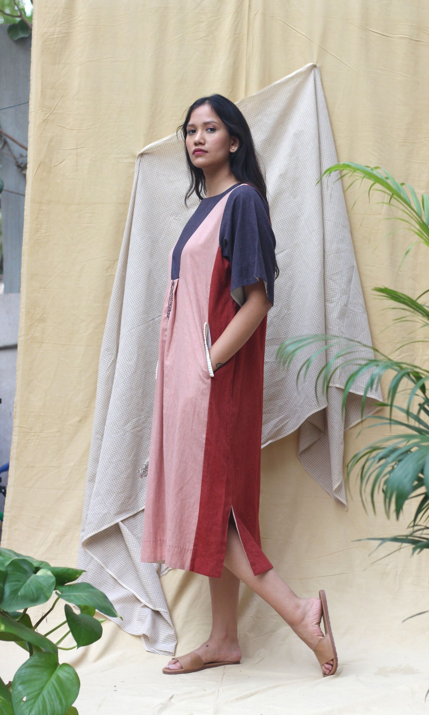 Pink Cotton Midi Dress at Kamakhyaa by Chambray & Co.. This item is Casual Wear, Hand Spun Cotton, Midi Dresses, Natural, Pink, Red, Regular Fit, Render, Solids, Womenswear