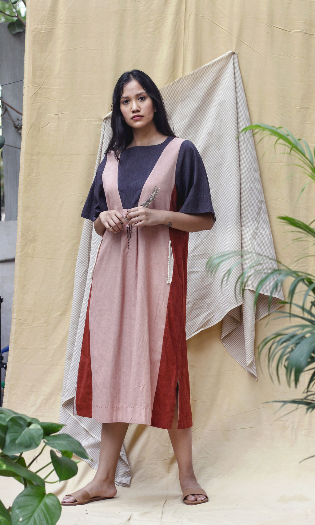Pink Cotton Midi Dress at Kamakhyaa by Chambray & Co.. This item is Casual Wear, Hand Spun Cotton, Midi Dresses, Natural, Pink, Red, Regular Fit, Render, Solids, Womenswear