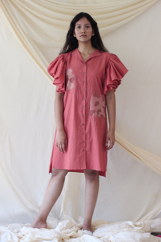 Pink Cotton Ruffled Complete Set at Kamakhyaa by Chambray & Co.. This item is Casual Wear, Co-ord Sets, Cotton, Natural, party, Party Wear Co-ords, Pink, Regular Fit, Solid Selfmade, Solids, Womenswear