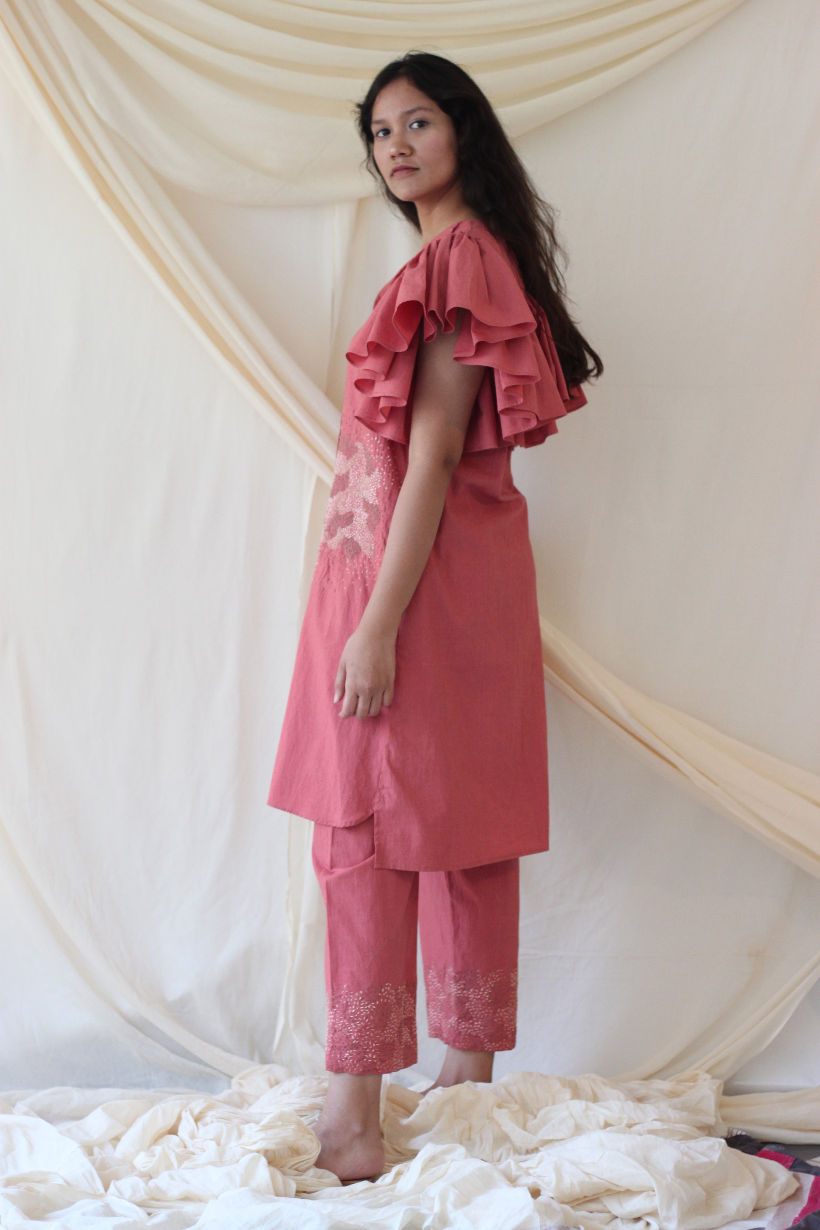 Pink Cotton Ruffled Complete Set at Kamakhyaa by Chambray & Co.. This item is Casual Wear, Co-ord Sets, Cotton, Natural, party, Party Wear Co-ords, Pink, Regular Fit, Solid Selfmade, Solids, Womenswear