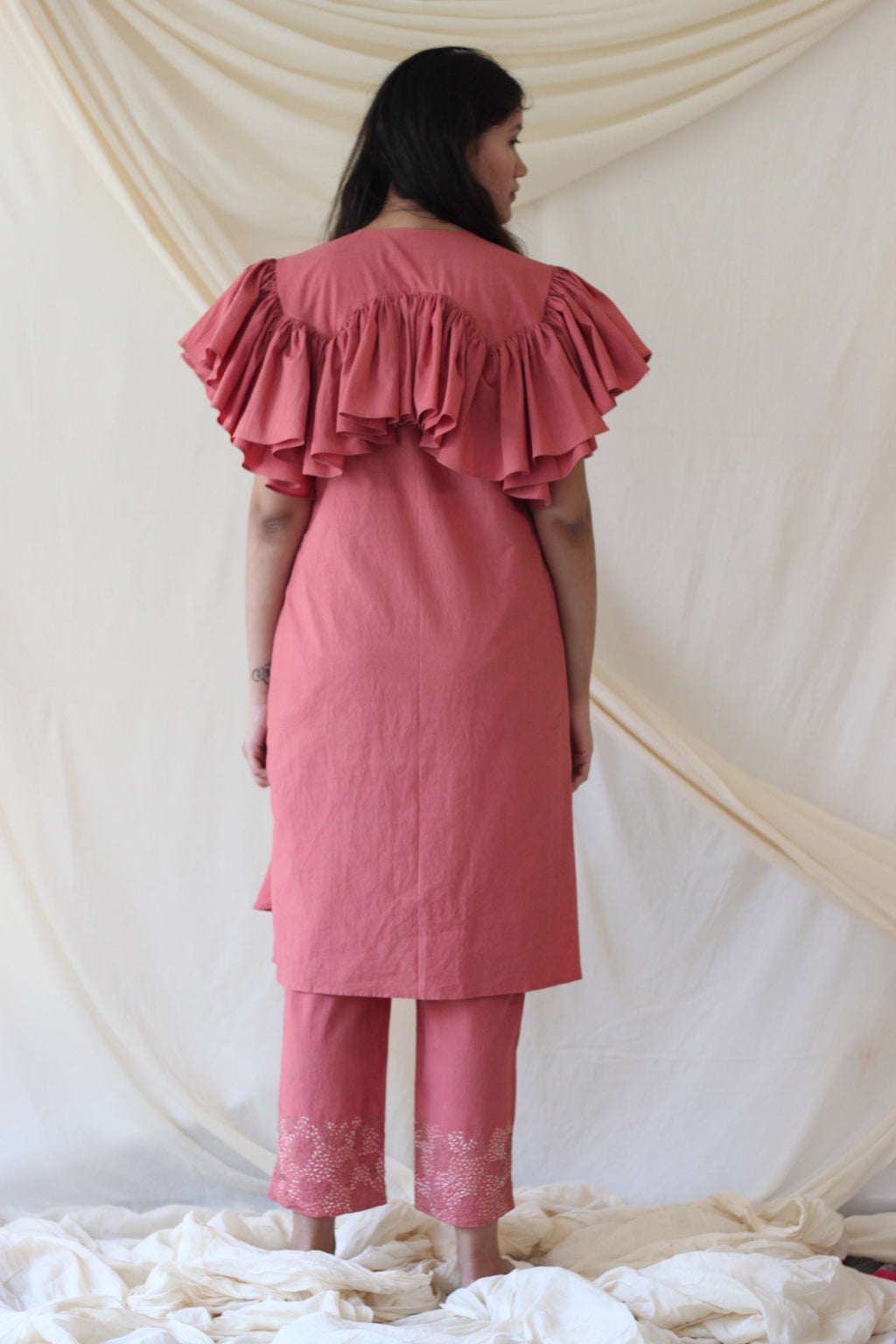 Pink Cotton Ruffled Complete Set at Kamakhyaa by Chambray & Co.. This item is Casual Wear, Co-ord Sets, Cotton, Natural, party, Party Wear Co-ords, Pink, Regular Fit, Solid Selfmade, Solids, Womenswear