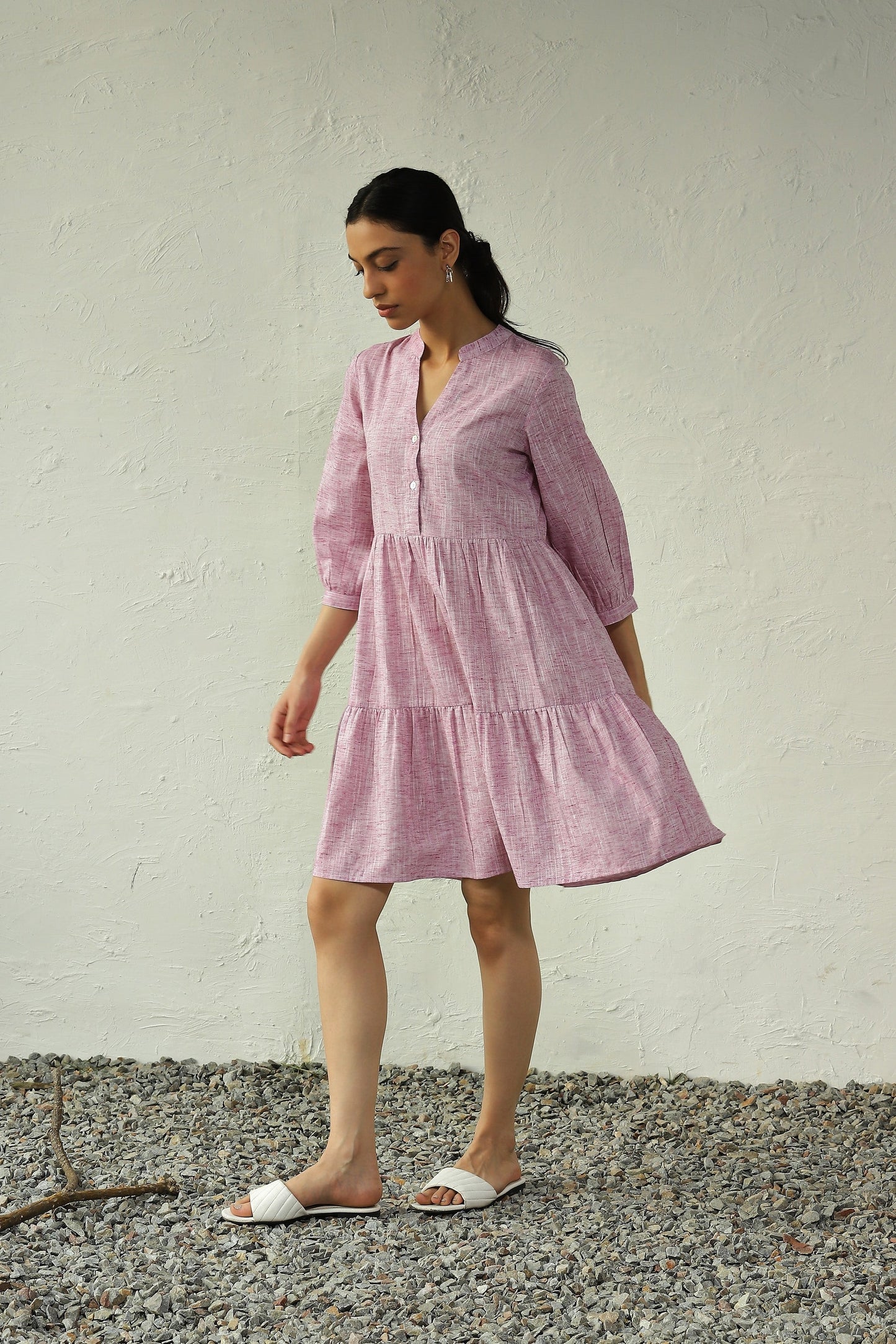 Pink Cotton Tiered Midi Dress at Kamakhyaa by Canoopi. This item is Canoopi, Casual Wear, Dresses, Khadi, Natural, Pink, Regular Fit, Solids, Tiered Dresses, Womenswear