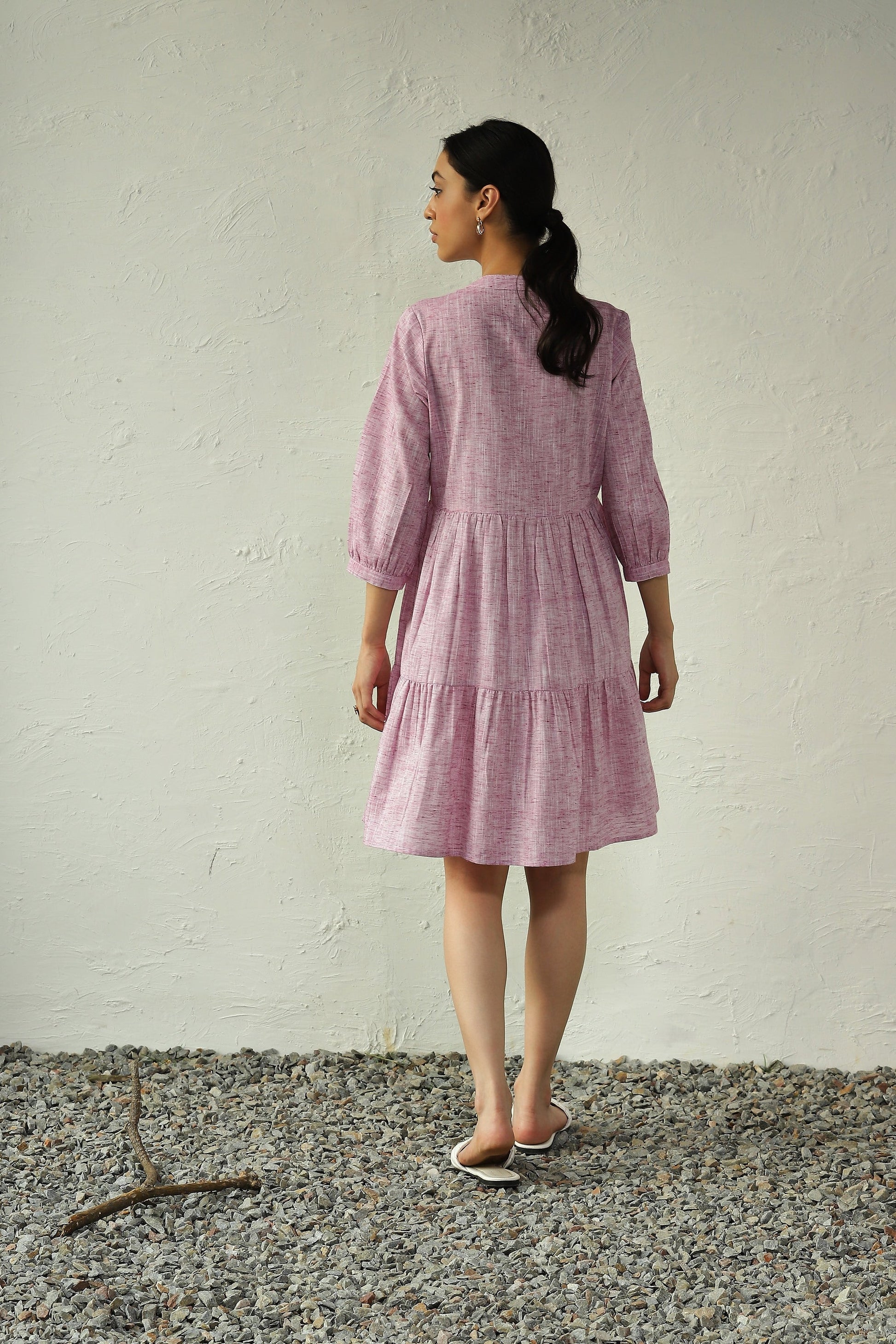 Pink Cotton Tiered Midi Dress at Kamakhyaa by Canoopi. This item is Canoopi, Casual Wear, Dresses, Khadi, Natural, Pink, Regular Fit, Solids, Tiered Dresses, Womenswear