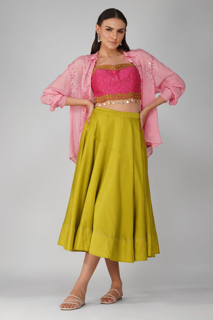 Pink Crop Top And Green Skirt Chanderi Set at Kamakhyaa by Devyani Mehrotra. This item is Chanderi, Complete Sets, Embellished, Green, Indian Wear, Natural, Party Wear, Pink, Regular Fit, Womenswear