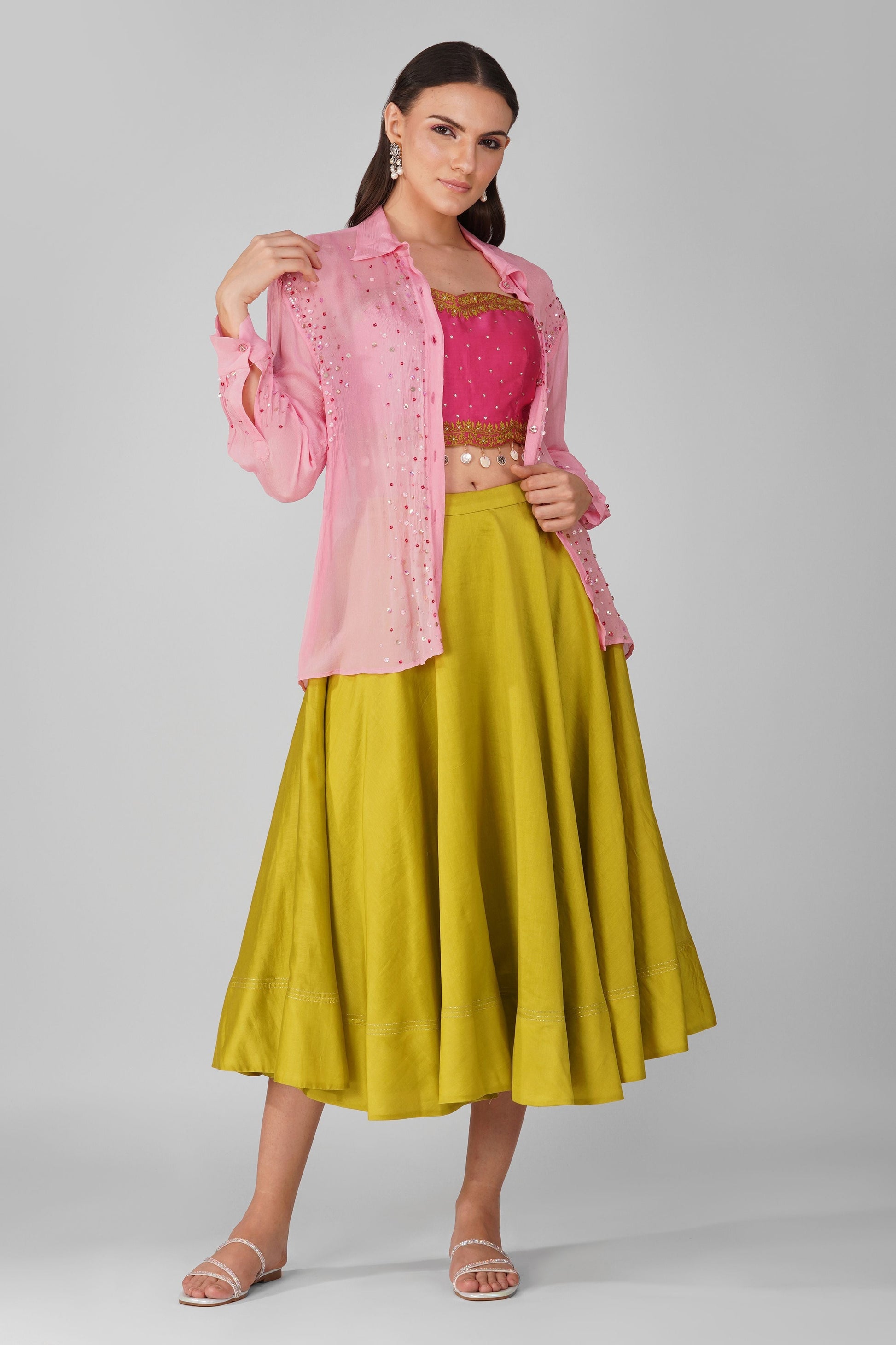 Pink Crop Top And Green Skirt Chanderi Set at Kamakhyaa by Devyani Mehrotra. This item is Chanderi, Complete Sets, Embellished, Green, Indian Wear, Natural, Party Wear, Pink, Regular Fit, Womenswear