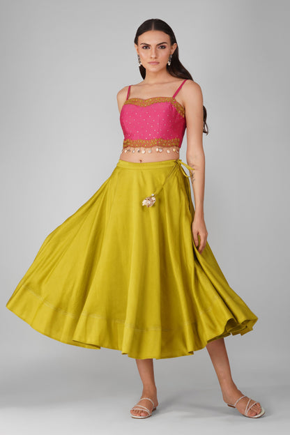 Pink Crop Top And Green Skirt Chanderi Set at Kamakhyaa by Devyani Mehrotra. This item is Chanderi, Complete Sets, Embellished, Green, Indian Wear, Natural, Party Wear, Pink, Regular Fit, Womenswear