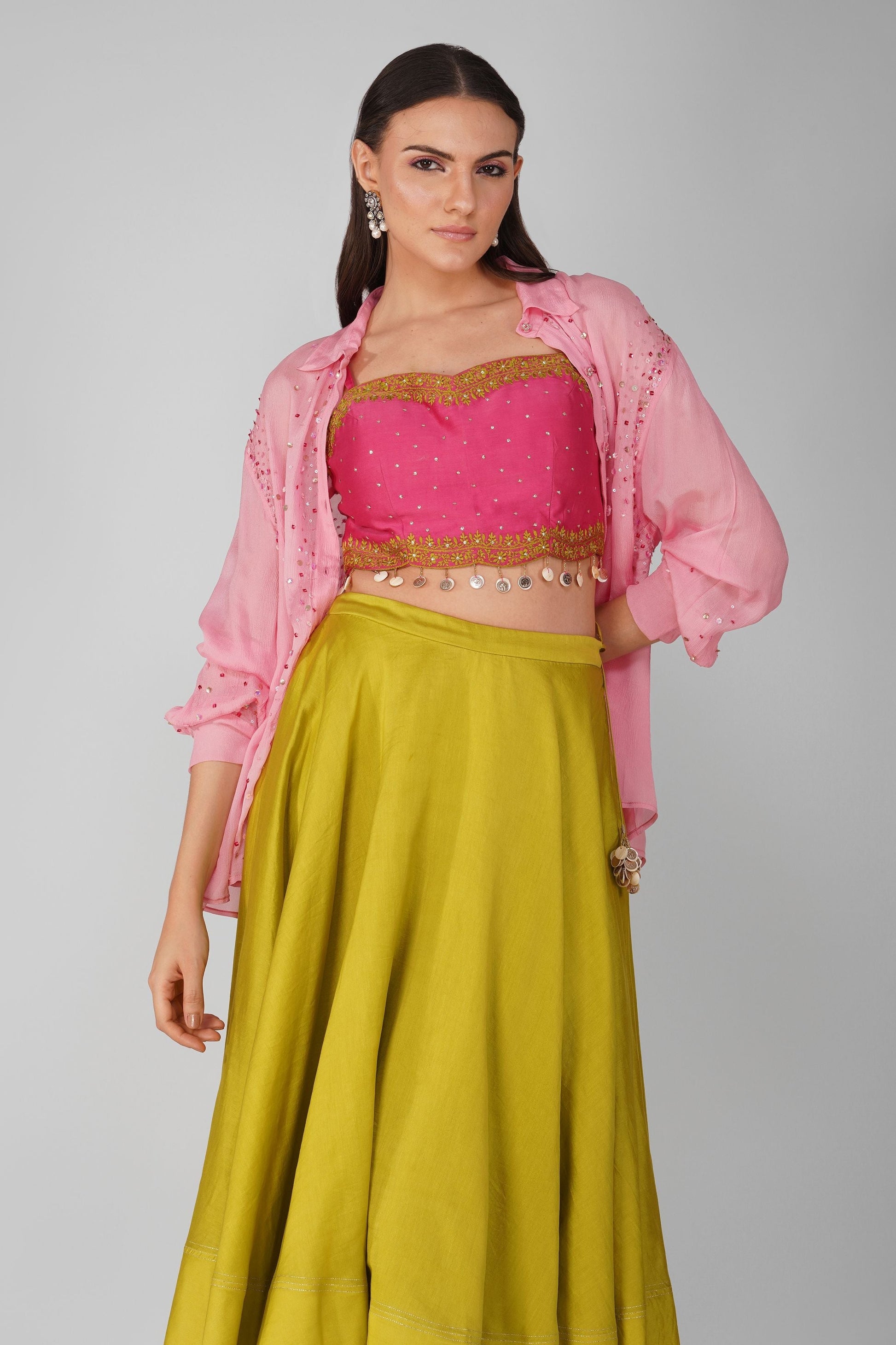 Pink Crop Top And Green Skirt Chanderi Set at Kamakhyaa by Devyani Mehrotra. This item is Chanderi, Complete Sets, Embellished, Green, Indian Wear, Natural, Party Wear, Pink, Regular Fit, Womenswear