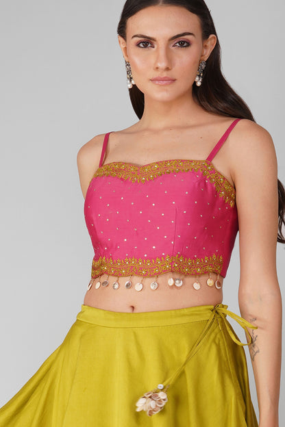 Pink Crop Top And Green Skirt Chanderi Set at Kamakhyaa by Devyani Mehrotra. This item is Chanderi, Complete Sets, Embellished, Green, Indian Wear, Natural, Party Wear, Pink, Regular Fit, Womenswear