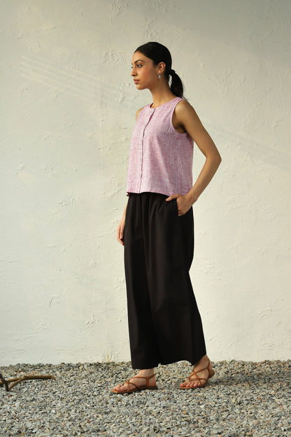 Pink Crop Top With Black Flared Pant Set at Kamakhyaa by Canoopi. This item is Black, Canoopi, Casual Wear, Complete Sets, Khadi, Natural, Pink, Poplin, Regular Fit, Solids, Vacation Co-ords, Womenswear