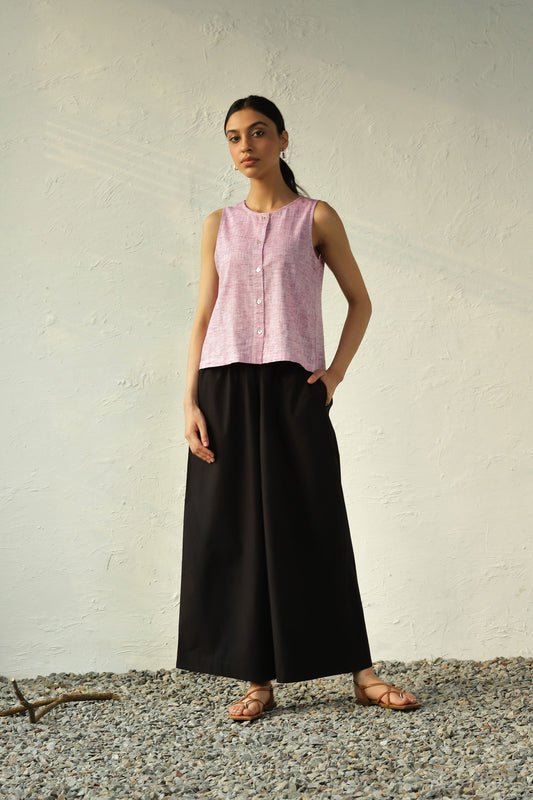Pink Crop Top With Black Flared Pant Set at Kamakhyaa by Canoopi. This item is Black, Canoopi, Casual Wear, Complete Sets, Khadi, Natural, Pink, Poplin, Regular Fit, Solids, Vacation Co-ords, Womenswear