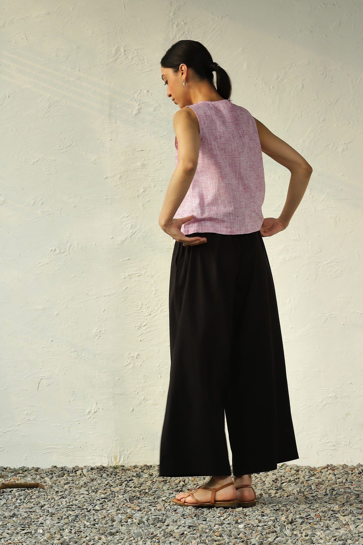 Pink Crop Top With Black Flared Pant Set at Kamakhyaa by Canoopi. This item is Black, Canoopi, Casual Wear, Complete Sets, Khadi, Natural, Pink, Poplin, Regular Fit, Solids, Vacation Co-ords, Womenswear