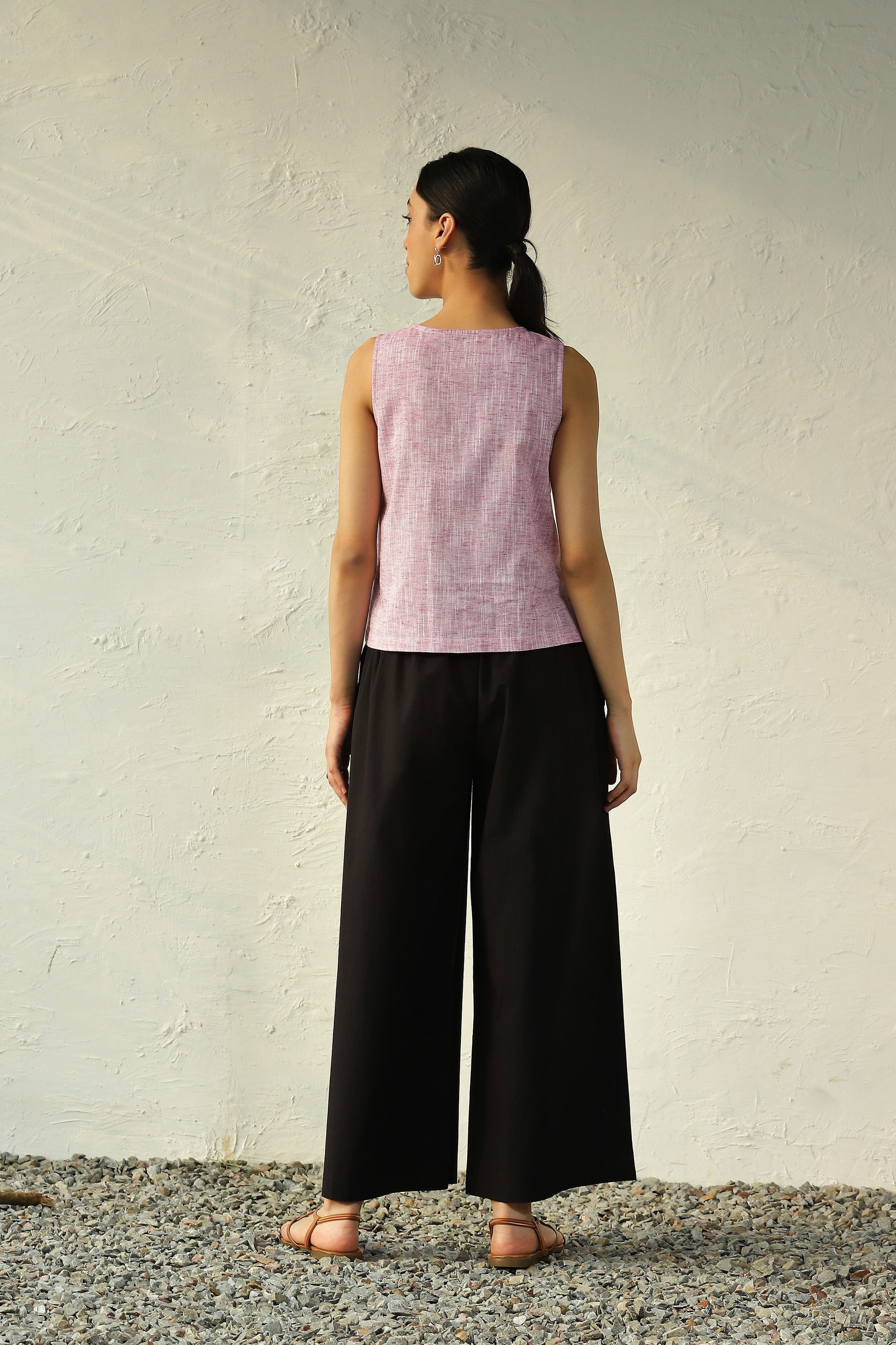 Pink Crop Top With Black Flared Pant Set at Kamakhyaa by Canoopi. This item is Black, Canoopi, Casual Wear, Complete Sets, Khadi, Natural, Pink, Poplin, Regular Fit, Solids, Vacation Co-ords, Womenswear