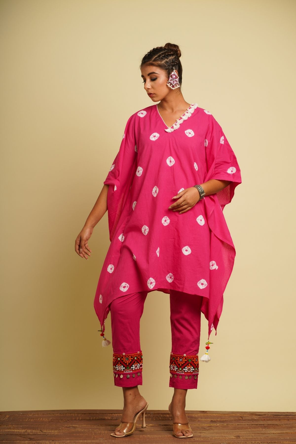 Pink Embellished Cotton Co-ord Set at Kamakhyaa by Keva. This item is 100% cotton, Best Selling, Co-ord Sets, Fusion Wear, Kaftan Set, Natural, New, Ombre & Dyes, party, Party Wear Co-ords, Pink, Relaxed Fit, Saba, Womenswear