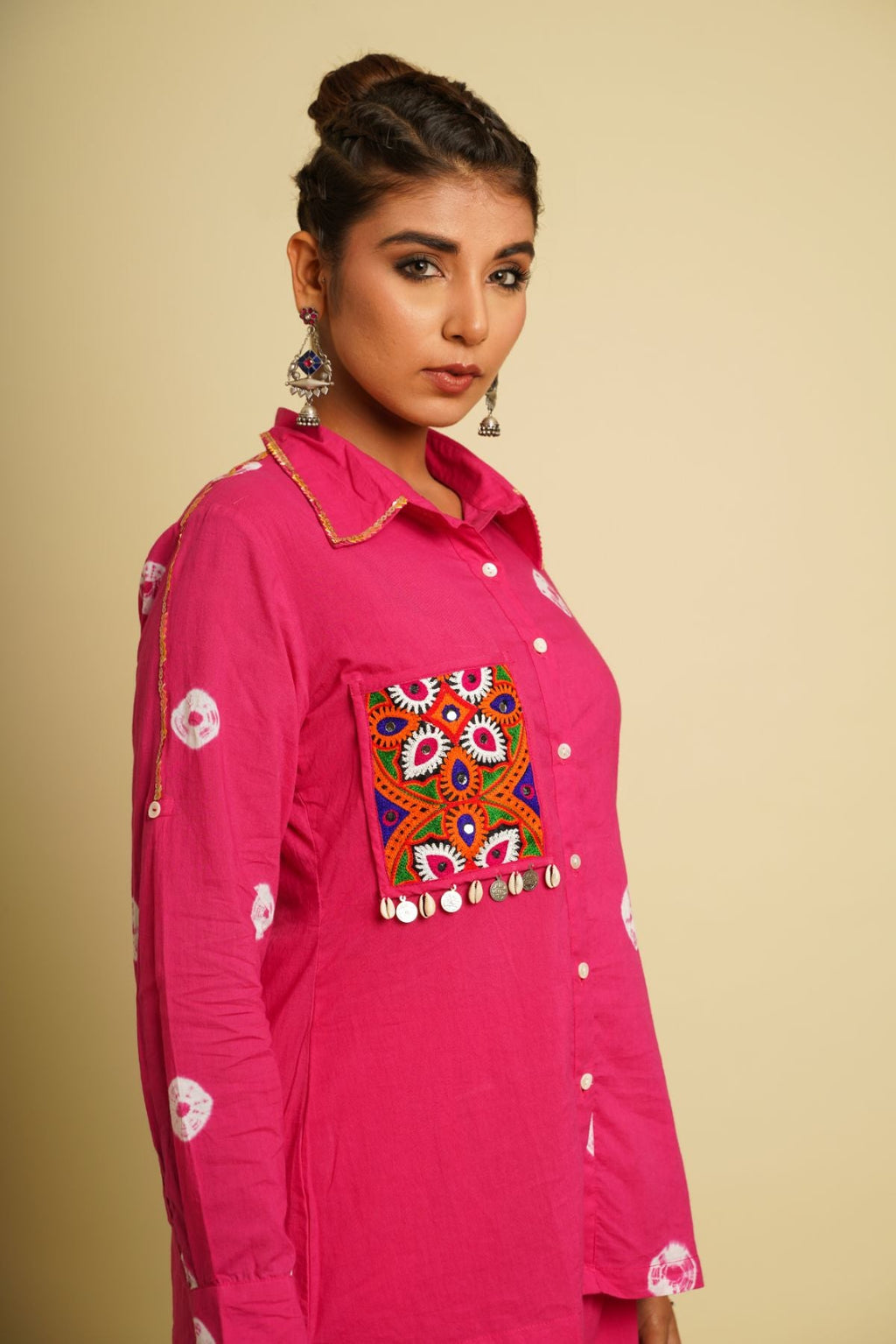 Pink Embroidered Cotton Shirt at Kamakhyaa by Keva. This item is 100% cotton, Fusion Wear, Less than $50, Natural, New, Ombre & Dyes, Pink, Regular Fit, Saba, Shirts, Tops, Womenswear