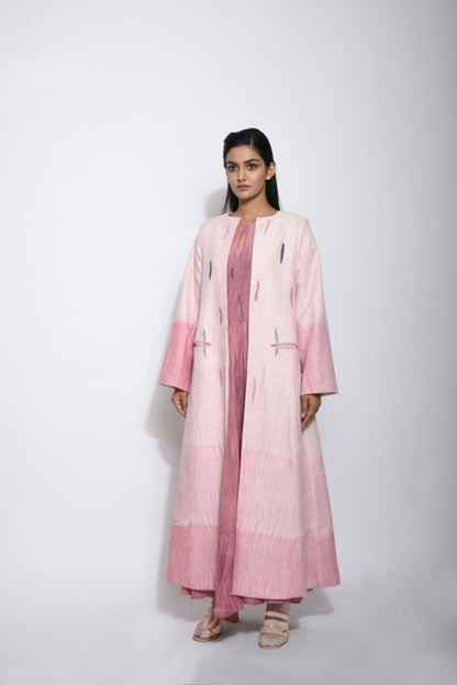 Pink Embroidered Long Jacket at Kamakhyaa by The Loom Art. This item is Between the Lines, Coats, Embroidered, July Sale, July Sale 2023, Matka Silk, Natural, Party Wear, Pink, Regular Fit, Womenswear