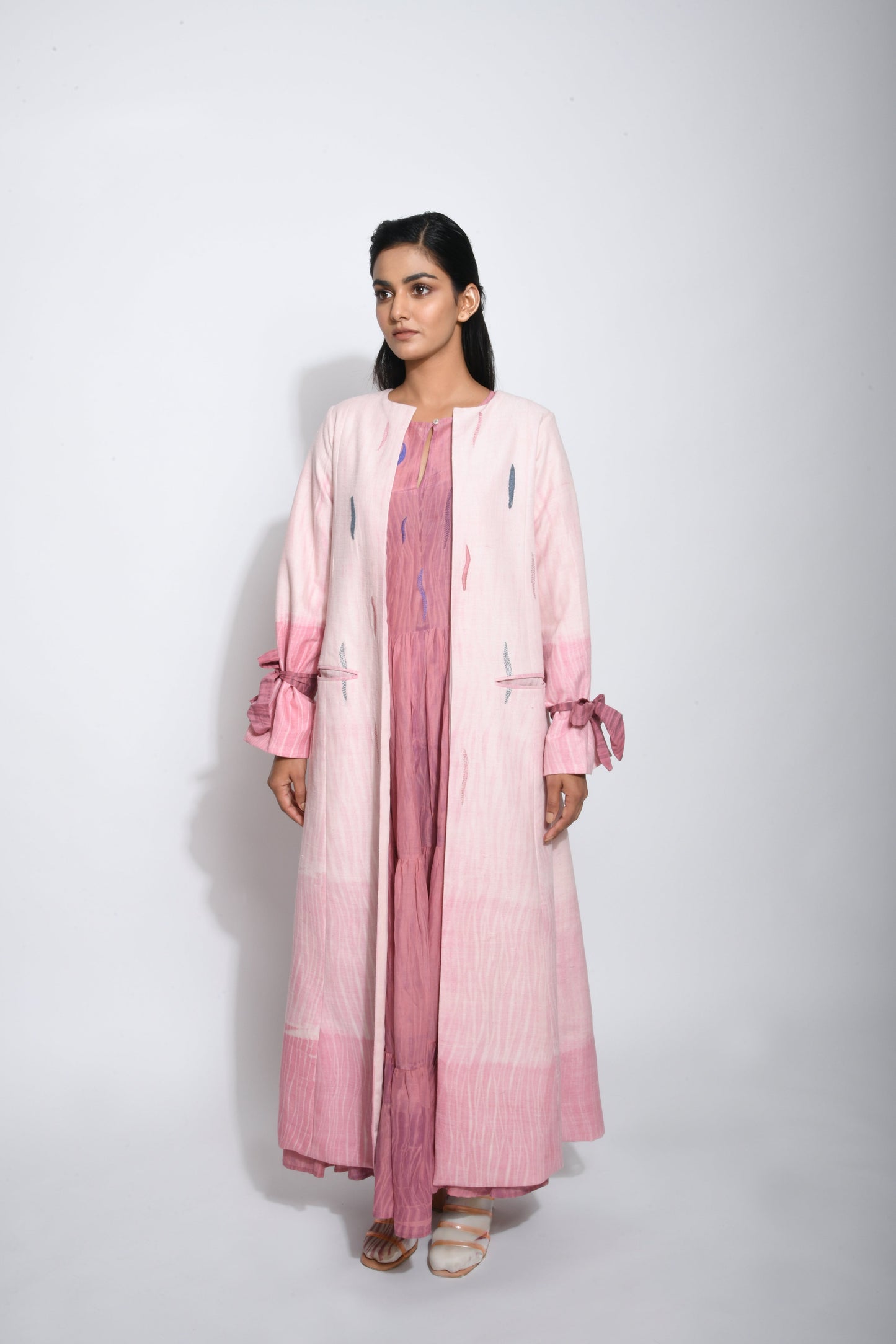 Pink Embroidered Long Jacket at Kamakhyaa by The Loom Art. This item is Between the Lines, Coats, Embroidered, July Sale, July Sale 2023, Matka Silk, Natural, Party Wear, Pink, Regular Fit, Womenswear