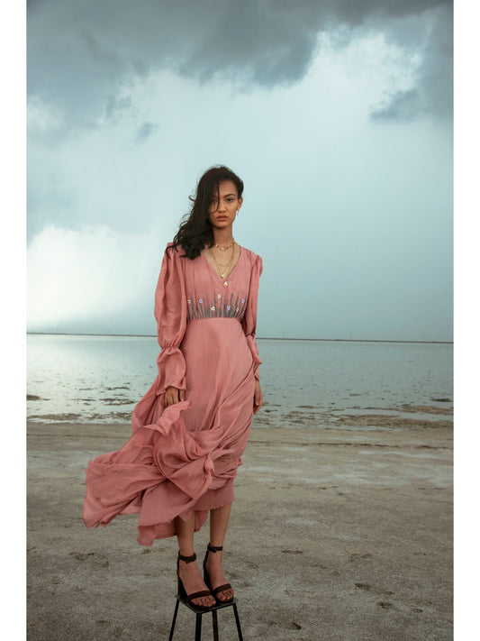 Pink Embroidered Maxi Dress at Kamakhyaa by The Loom Art. This item is Cotton Silk, July Sale, July Sale 2023, Maxi Dresses, Natural, Party Wear, Pink, Regular Fit, Serendipity, Solid Selfmade, Solids, Womenswear