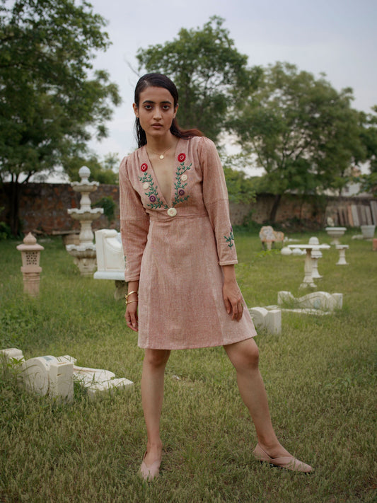 Pink Embroidered Mini Dress at Kamakhyaa by The Loom Art. This item is Cotton, Embroidered, July Sale, July Sale 2023, Mini Dresses, Natural, Party Wear, Pink, Regular Fit, Vintage Summer, Womenswear