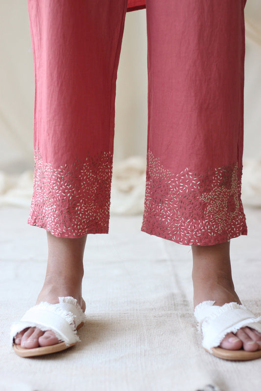 Pink Embroidered Pants at Kamakhyaa by Chambray & Co.. This item is Casual Wear, Cotton, Natural, Pants, Pink, Regular Fit, Solids, Womenswear