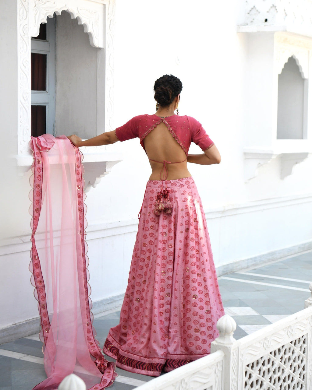 Pink Embroidered Printed Silk Lehenga Set at Kamakhyaa by Taro. This item is Evening Wear, Handwoven cotton silk, Indian Wear, July Sale, July Sale 2023, Lehenga Sets, Natural, Pink, Prints, Regular Fit, Sitara Taro, Wedding Gifts, Womenswear