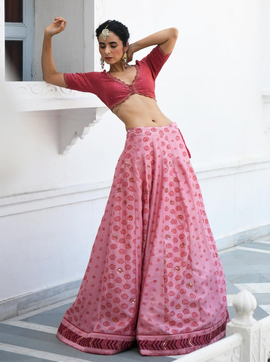 Pink Embroidered Printed Silk Lehenga Set at Kamakhyaa by Taro. This item is Evening Wear, Handwoven cotton silk, Indian Wear, July Sale, July Sale 2023, Lehenga Sets, Natural, Pink, Prints, Regular Fit, Sitara Taro, Wedding Gifts, Womenswear