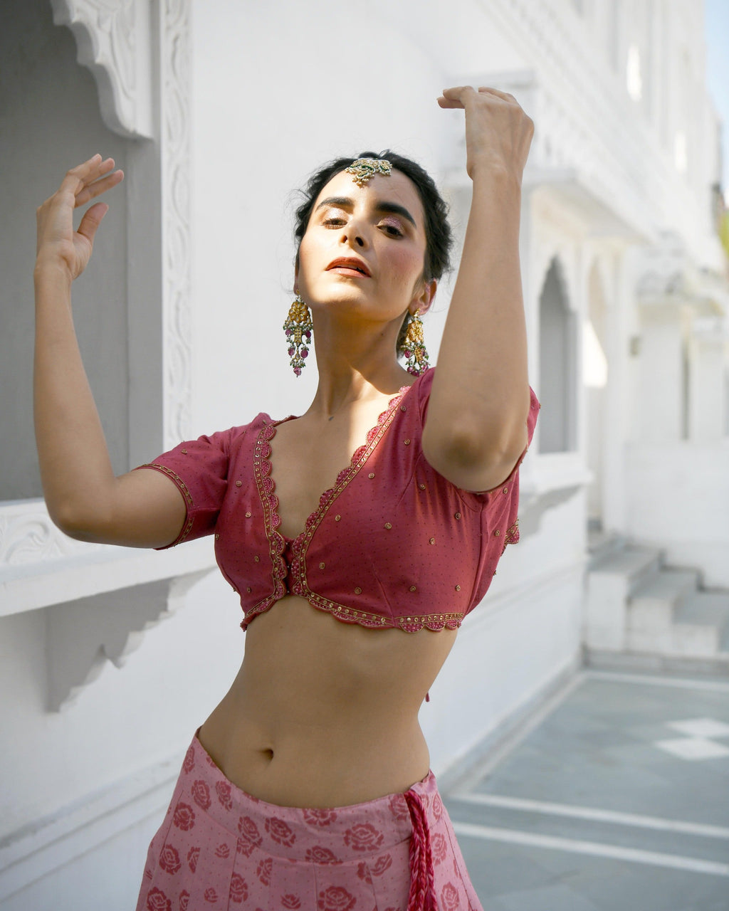 Pink Embroidered Printed Silk Lehenga Set at Kamakhyaa by Taro. This item is Evening Wear, Handwoven cotton silk, Indian Wear, July Sale, July Sale 2023, Lehenga Sets, Natural, Pink, Prints, Regular Fit, Sitara Taro, Wedding Gifts, Womenswear