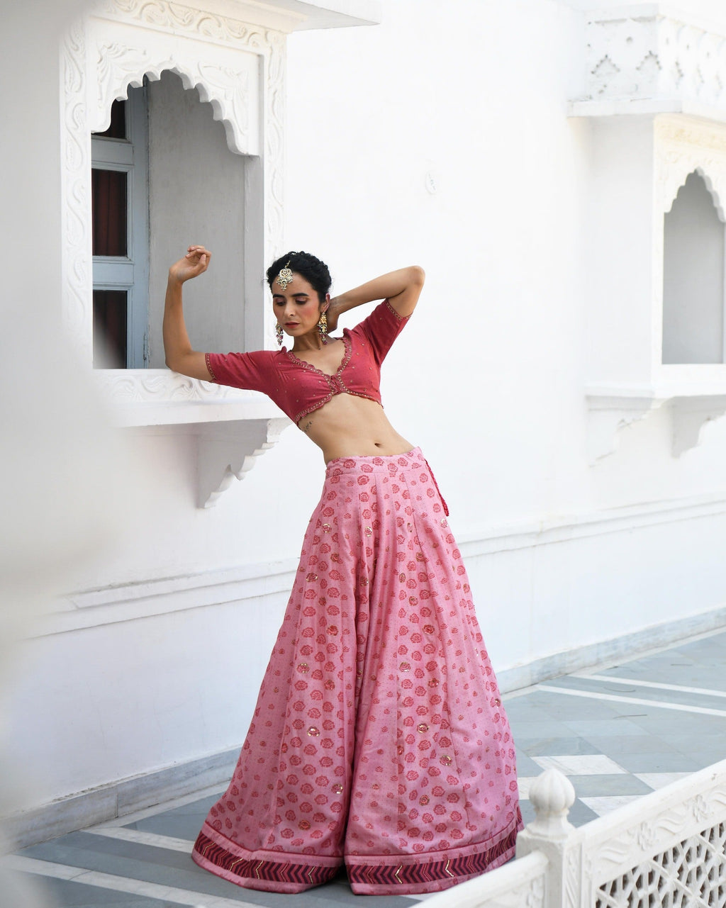 Pink Embroidered Printed Silk Lehenga Set at Kamakhyaa by Taro. This item is Evening Wear, Handwoven cotton silk, Indian Wear, July Sale, July Sale 2023, Lehenga Sets, Natural, Pink, Prints, Regular Fit, Sitara Taro, Wedding Gifts, Womenswear