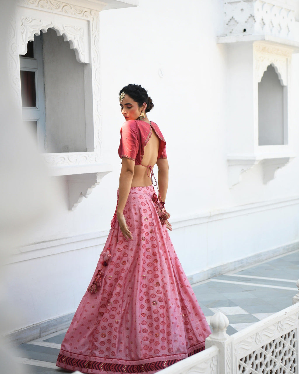 Pink Embroidered Printed Silk Lehenga Set at Kamakhyaa by Taro. This item is Evening Wear, Handwoven cotton silk, Indian Wear, July Sale, July Sale 2023, Lehenga Sets, Natural, Pink, Prints, Regular Fit, Sitara Taro, Wedding Gifts, Womenswear