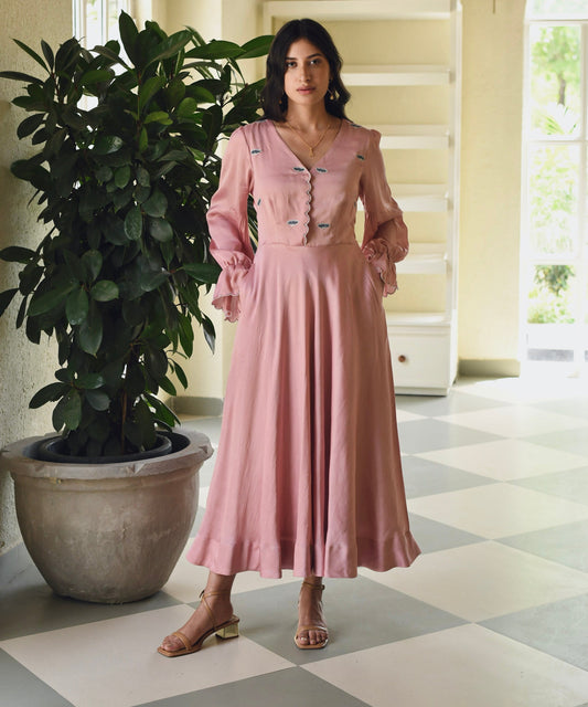 Pink Embroidered Satin Maxi Dress at Kamakhyaa by Taro. This item is Dusk To Dawn, Embroidered, Evening Wear, July Sale, July Sale 2023, Maxi Dresses, Modal Satin, Natural, Pink, Regular Fit, Silk, Womenswear
