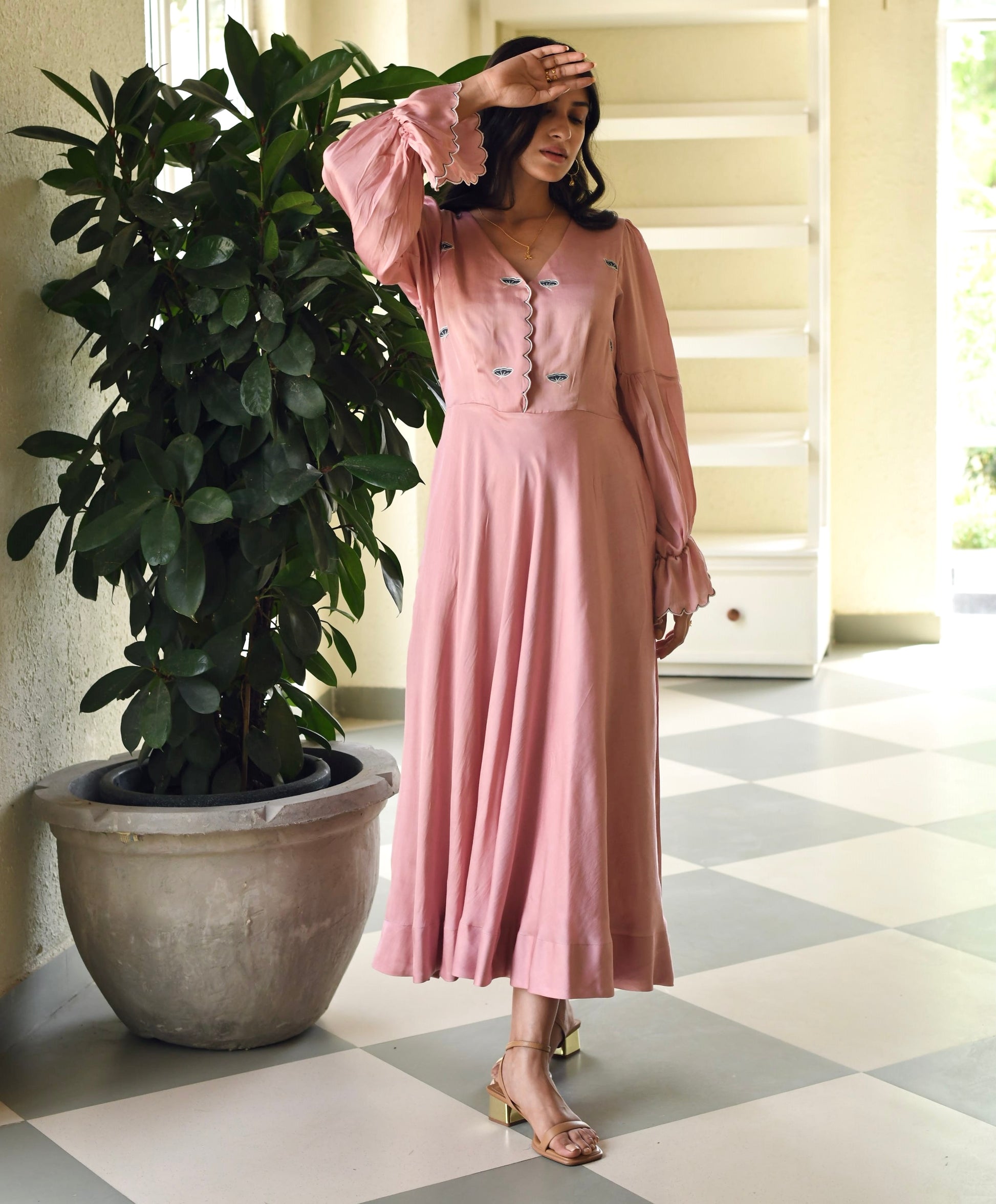 Pink Embroidered Satin Maxi Dress at Kamakhyaa by Taro. This item is Dusk To Dawn, Embroidered, Evening Wear, July Sale, July Sale 2023, Maxi Dresses, Modal Satin, Natural, Pink, Regular Fit, Silk, Womenswear