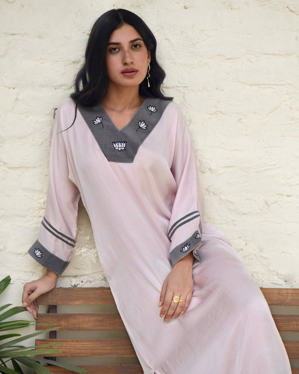 Pink Embroidered Silk Kaftan at Kamakhyaa by Taro. This item is Dusk To Dawn, Embroidered, Evening Wear, July Sale, July Sale 2023, Kaftans, Maxi Dresses, Natural, Pink, Silk, Womenswear