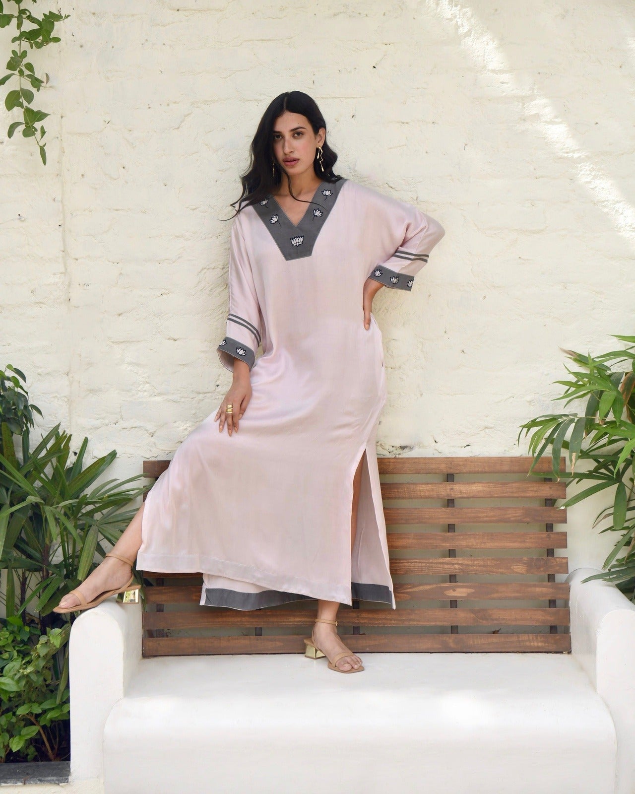 Pink Embroidered Silk Kaftan at Kamakhyaa by Taro. This item is Dusk To Dawn, Embroidered, Evening Wear, July Sale, July Sale 2023, Kaftans, Maxi Dresses, Natural, Pink, Silk, Womenswear