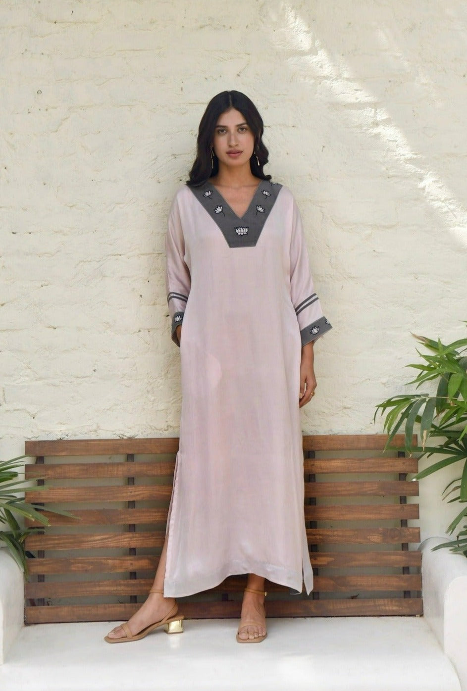 Pink Embroidered Silk Kaftan at Kamakhyaa by Taro. This item is Dusk To Dawn, Embroidered, Evening Wear, July Sale, July Sale 2023, Kaftans, Maxi Dresses, Natural, Pink, Silk, Womenswear