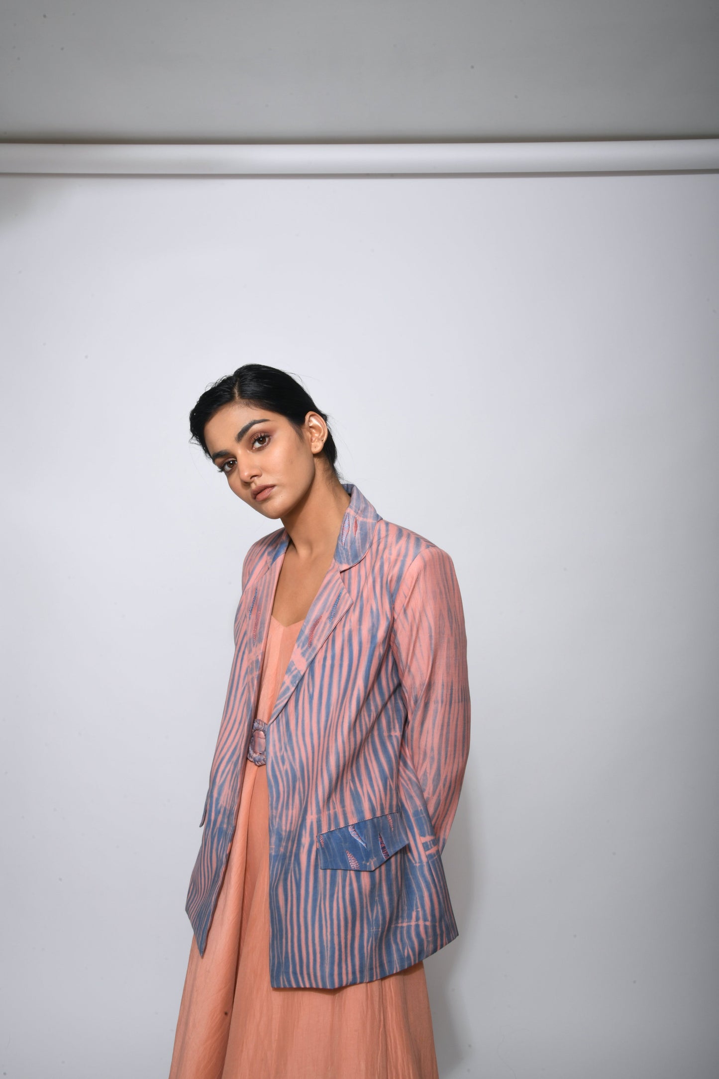 Pink Embroidered Textured Jacket at Kamakhyaa by The Loom Art. This item is Between the Lines, Blazers, Embroidered, Handwoven cotton silk, July Sale, July Sale 2023, Natural, Party Wear, Pink, Regular Fit, Textured, Womenswear