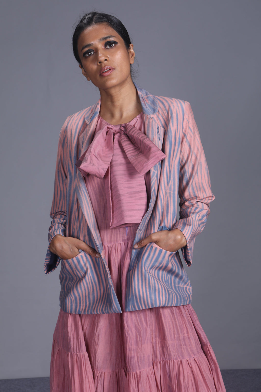 Pink Embroidered Textured Jacket at Kamakhyaa by The Loom Art. This item is Between the Lines, Blazers, Embroidered, Handwoven cotton silk, July Sale, July Sale 2023, Natural, Party Wear, Pink, Regular Fit, Textured, Womenswear