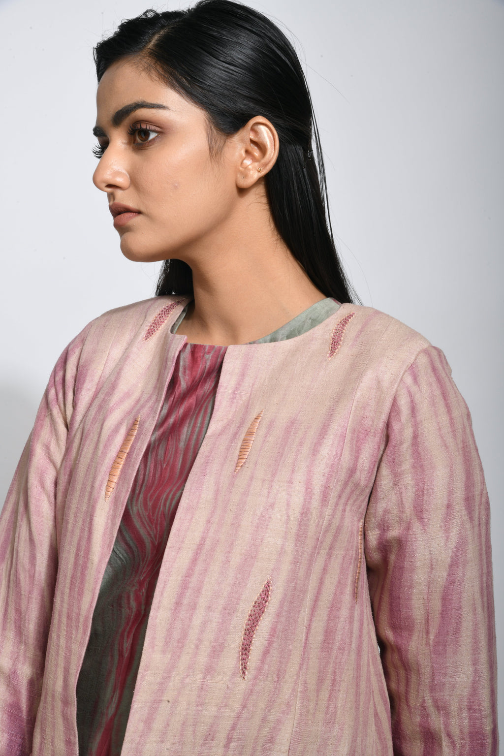 Pink Embroidered Textured Jacket at Kamakhyaa by The Loom Art. This item is Between the Lines, Embroidered, Jackets, July Sale, July Sale 2023, Matka Silk, Natural, Party Wear, Pink, Regular Fit, Textured, Womenswear